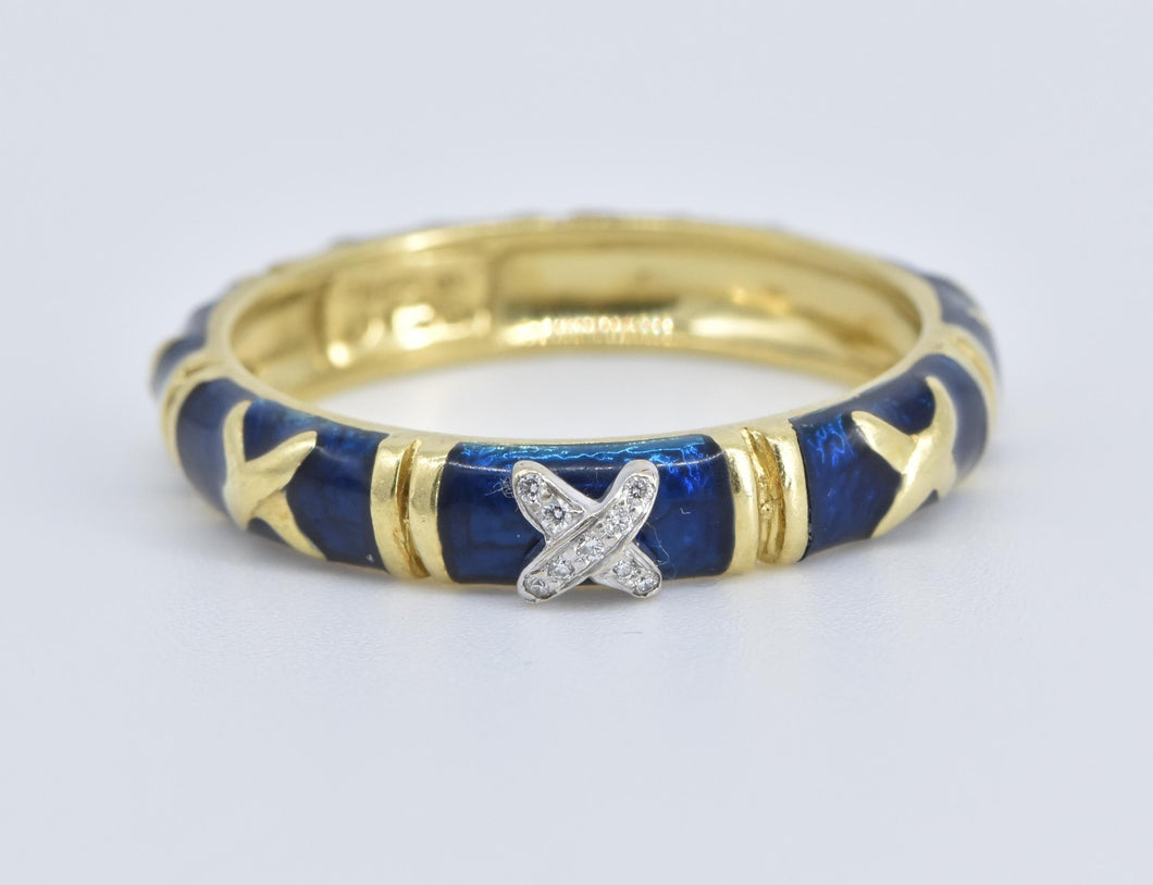 18K Diamond X Criss Cross Enamel Statement Band Ring Yellow Gold