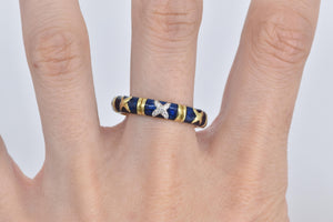 18K Diamond X Criss Cross Enamel Statement Band Ring Yellow Gold