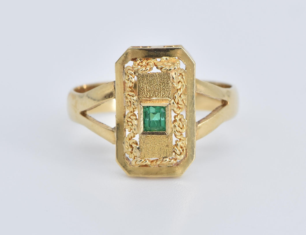 18K Natural Emerald Ornate Etruscan Revival Ring Yellow Gold