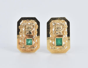 18K Natural Emerald Ornate Etruscan Revival Earrings Yellow Gold
