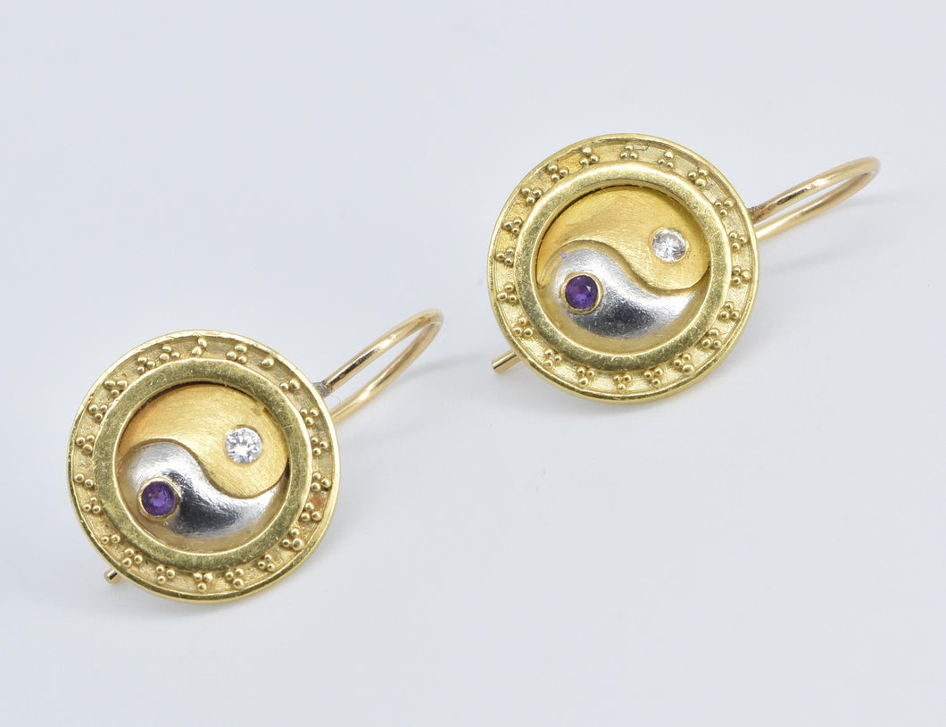 18K Platinum Diamond Amethyst Yin Yang Dangle Earrings Yellow Gold