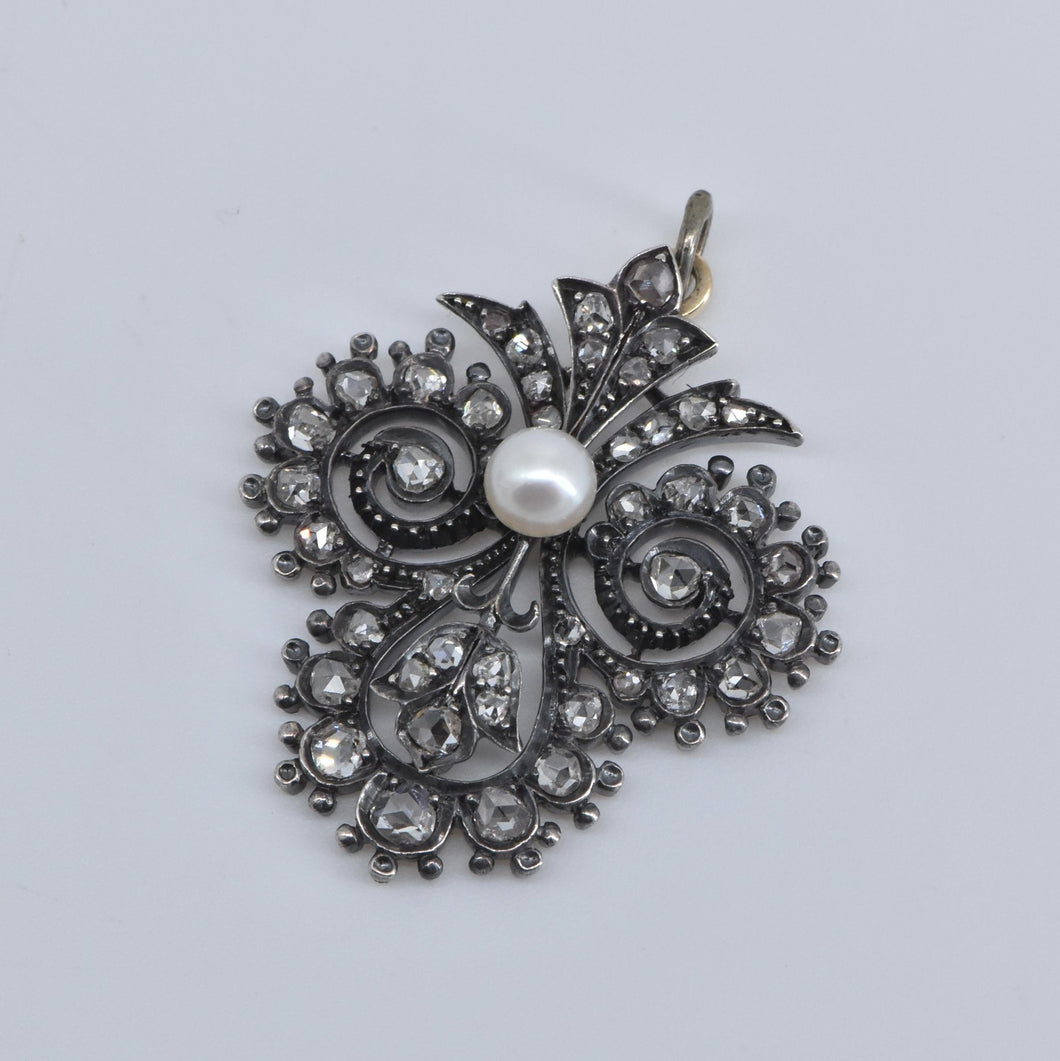 10K Victorian Rose Cut Diamond Pearl Statement Pendant Yellow Gold