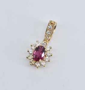 14K 0.93 Ctw Oval Natural Ruby Diamond Halo Pendant Yellow Gold