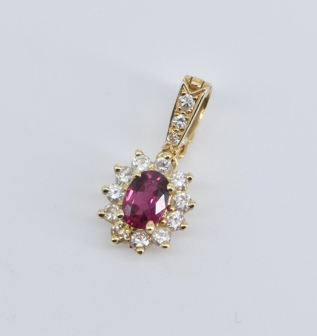 14K 0.93 Ctw Oval Natural Ruby Diamond Halo Pendant Yellow Gold
