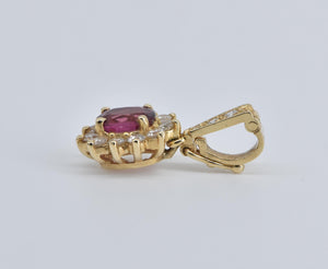 14K 0.93 Ctw Oval Natural Ruby Diamond Halo Pendant Yellow Gold