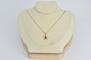 14K 0.93 Ctw Oval Natural Ruby Diamond Halo Pendant Yellow Gold