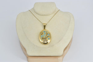 22K Turquoise Forget Me Not Rose Diamond Mourning Pendant Yellow Gold