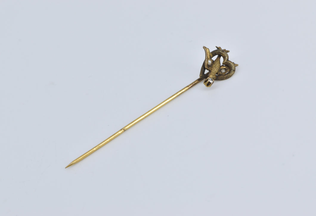 14K Victorian Sparrow Heart Diamond Peace Love Stick Pin Yellow Gold
