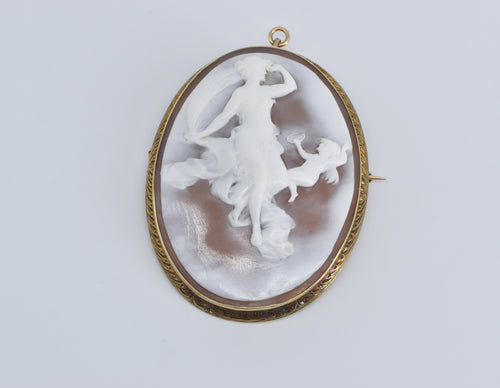 14K Ornate Carved Dancing Lady Cherub Cameo Pendant/Pin Yellow Gold