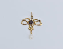 Load image into Gallery viewer, 14K Art Nouveau Amethyst Seed Pearl Drop Pendant Yellow Gold