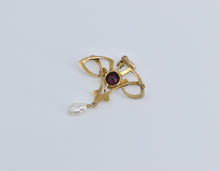 Load image into Gallery viewer, 14K Art Nouveau Amethyst Seed Pearl Drop Pendant Yellow Gold