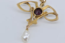 Load image into Gallery viewer, 14K Art Nouveau Amethyst Seed Pearl Drop Pendant Yellow Gold