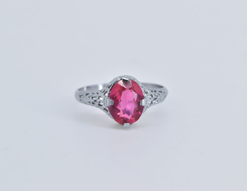 10K Art Deco Filigree Sim. Sapphire Statement Ring White Gold