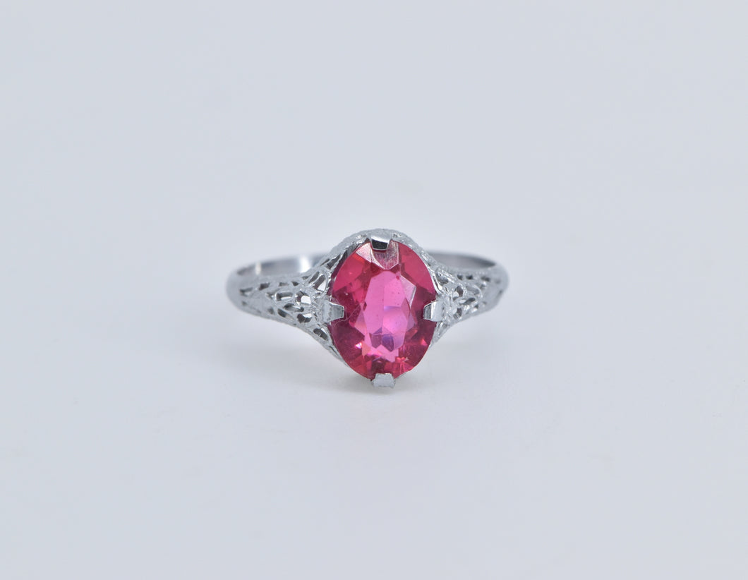 10K Art Deco Filigree Sim. Sapphire Statement Ring White Gold