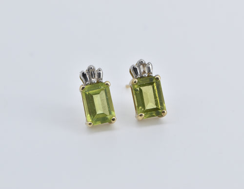 14K Emerald Cut Peridot Baguette Diamond Stud Earrings Yellow Gold