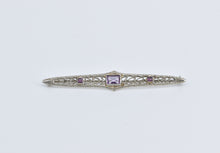 Load image into Gallery viewer, 10K Art Deco Filigree Amethyst Ornate Bar Pin/Brooch White Gold