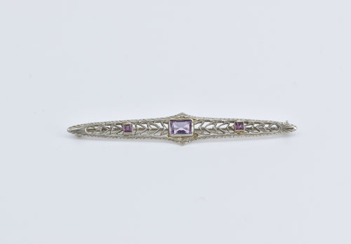 10K Art Deco Filigree Amethyst Ornate Bar Pin/Brooch White Gold