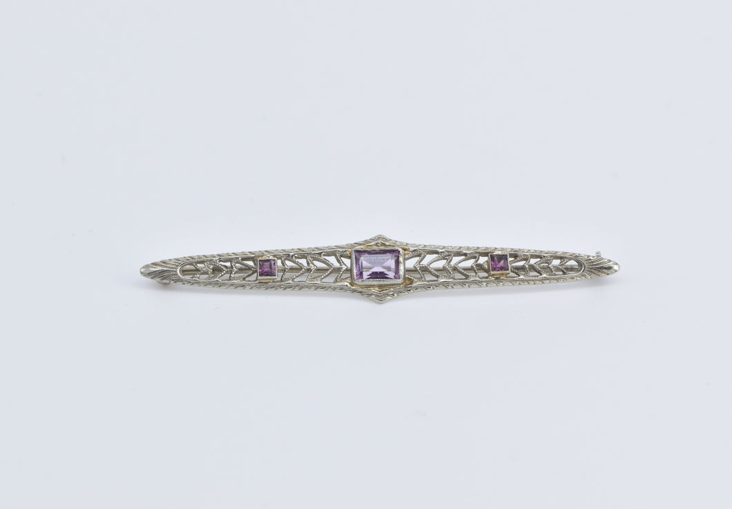 10K Art Deco Filigree Amethyst Ornate Bar Pin/Brooch White Gold