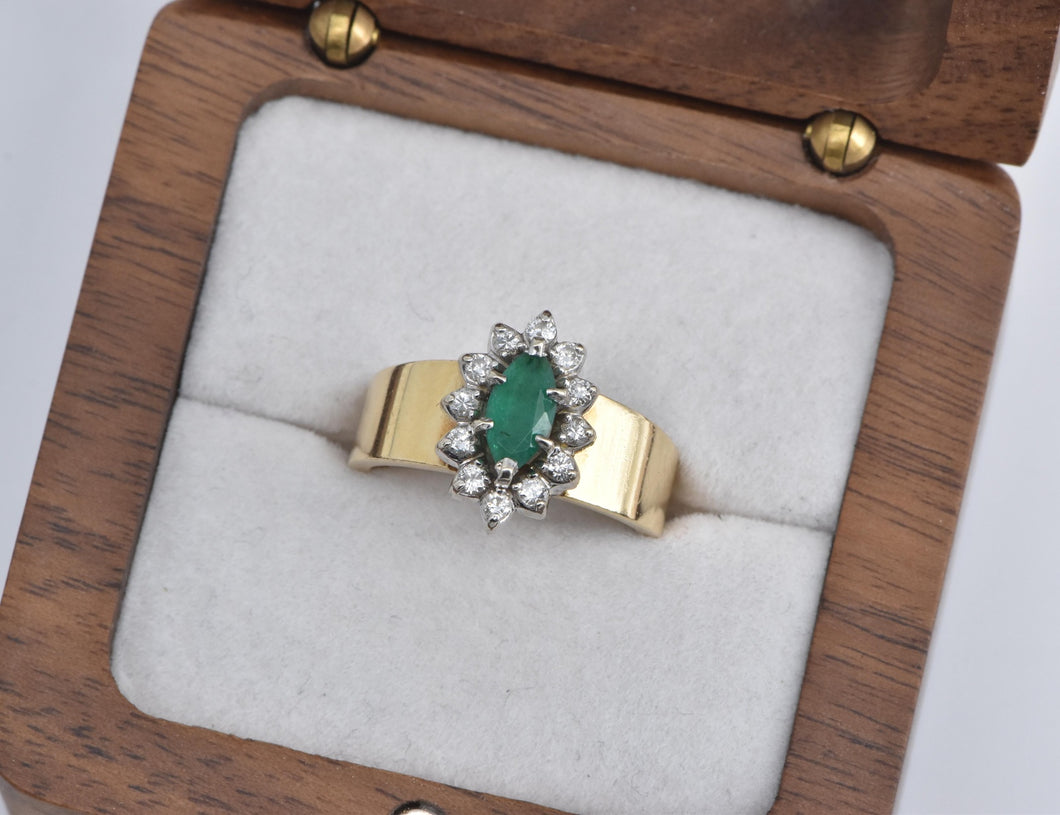 14K 0.75 Ctw Marquise Natural Emerald Diamond Wide Ring Yellow Gold