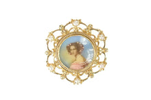 Load image into Gallery viewer, 14K Ornate Victorian Painted Lady Pearl Scroll Pendant/Pin Yellow Gold