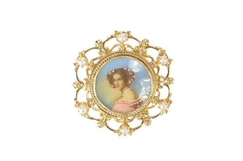 14K Ornate Victorian Painted Lady Pearl Scroll Pendant/Pin Yellow Gold