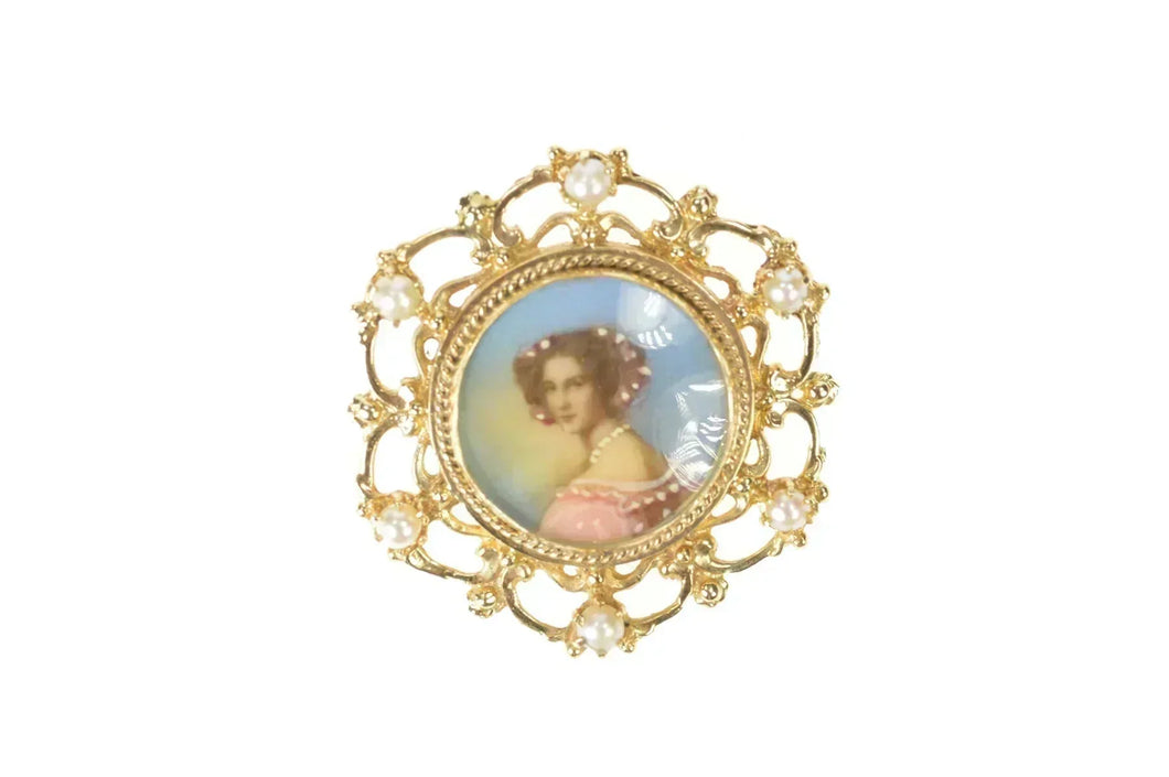 14K Ornate Victorian Painted Lady Pearl Scroll Pendant/Pin Yellow Gold