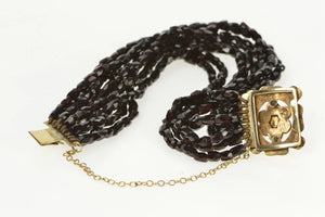 10K Victorian Syn. Garnet Layered Glass Beaded Bracelet 6" Yellow Gold