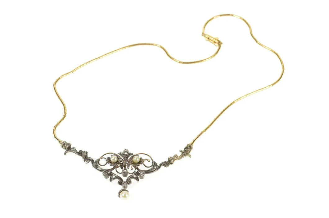 14K Edwardian Diamond Pearl Scroll Pendant Necklace 16.25