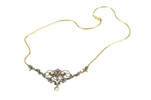 Load image into Gallery viewer, 14K Edwardian Diamond Pearl Scroll Pendant Necklace 16.25&quot; Yellow Gold