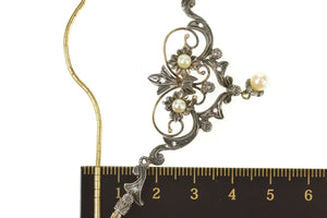 14K Edwardian Diamond Pearl Scroll Pendant Necklace 16.25" Yellow Gold