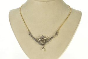 14K Edwardian Diamond Pearl Scroll Pendant Necklace 16.25" Yellow Gold