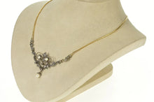 Load image into Gallery viewer, 14K Edwardian Diamond Pearl Scroll Pendant Necklace 16.25&quot; Yellow Gold