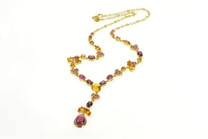 18K Tourmaline Citrine Floral Drop Statement Necklace 17" Yellow Gold