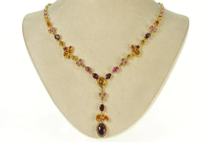 18K Tourmaline Citrine Floral Drop Statement Necklace 17" Yellow Gold