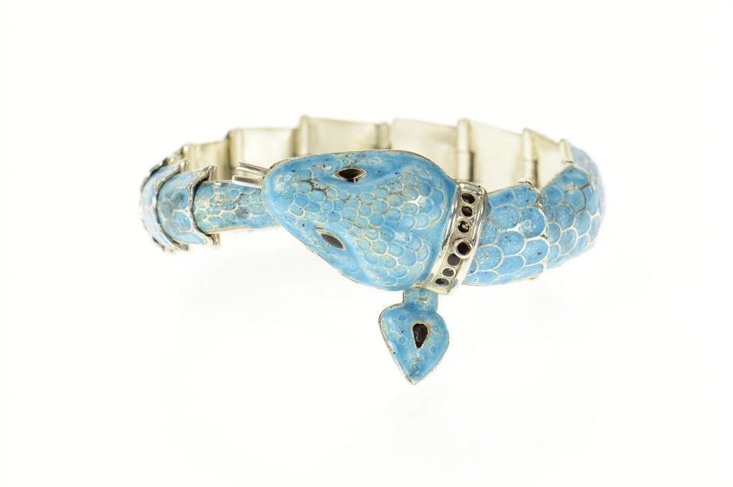 Sterling Silver Melesio Villarreal Taxco Enamel Ornate Snake Bracelet 6.75