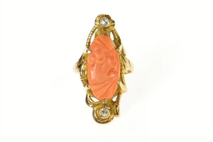 14K Ornate Art Nouveau Coral Cameo Diamond Ring Size 6.5 Yellow Gold