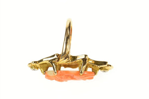14K Ornate Art Nouveau Coral Cameo Diamond Ring Size 6.5 Yellow Gold