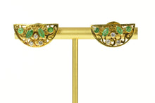 Load image into Gallery viewer, 18K Ornate Half Moon Emerald Diamond Scroll Earrings Yellow Gold