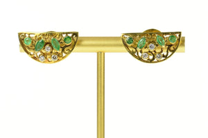 18K Ornate Half Moon Emerald Diamond Scroll Earrings Yellow Gold