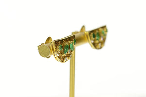 18K Ornate Half Moon Emerald Diamond Scroll Earrings Yellow Gold