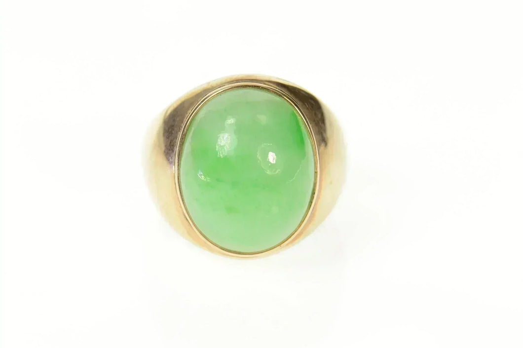 10K Oval Jade Cabochon Retro Statement Ring Size 8.75 Yellow Gold