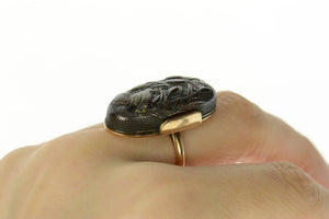 10K Quail Cattail Scene Oval Domed Statement Ring Size 7.75 Yellow Gold