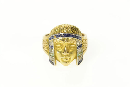 18K Egyptian Diamond Sapphire Emerald Cleopatra Ring Size 3.5 Yellow Gold