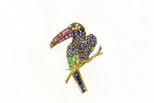 18K Sapphire Diamond Ruby Emerald Parrot Pin/Brooch Yellow Gold