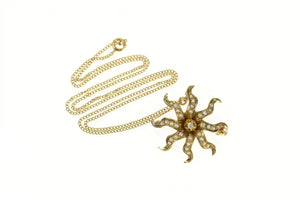 10K Victorian Seed Pearl Diamond Flower Sun Necklace 16.5" Yellow Gold