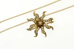 10K Victorian Seed Pearl Diamond Flower Sun Necklace 16.5" Yellow Gold