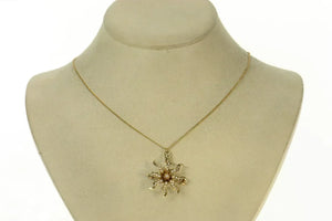 10K Victorian Seed Pearl Diamond Flower Sun Necklace 16.5" Yellow Gold