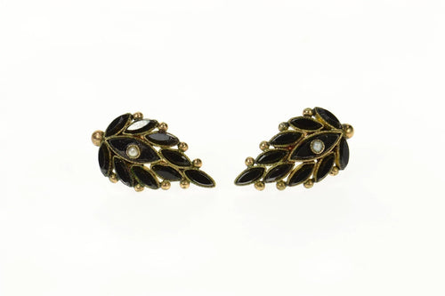 14K Black Onyx Seed Pearl Screw Back Mourning Earrings Yellow Gold