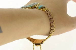 18K Elaborate Turquoise Woven Braided Chain Bracelet 8" Yellow Gold