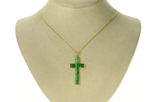 18K Carved Ornate Jade Cross Christian Faith Pendant Yellow Gold
